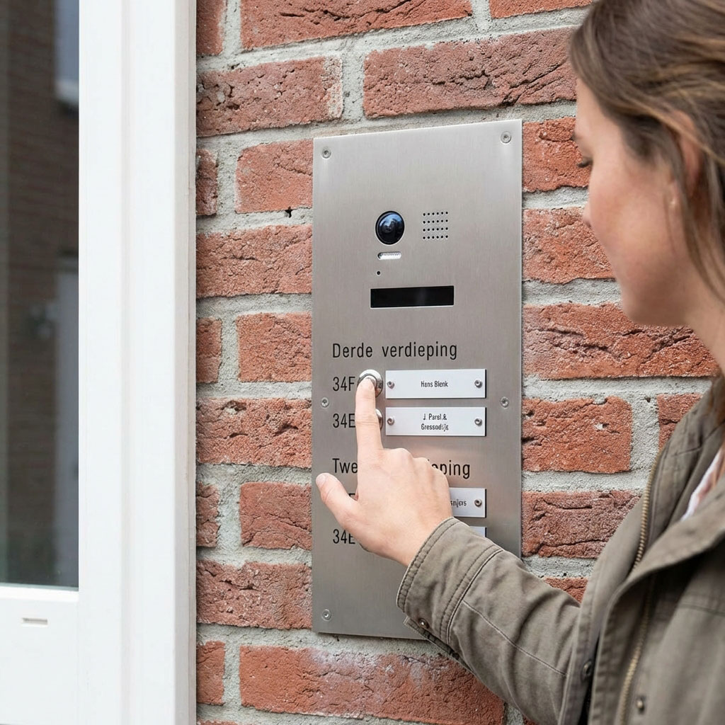 Bezoeker belt aan op video intercom bij portiek appartementencomplex