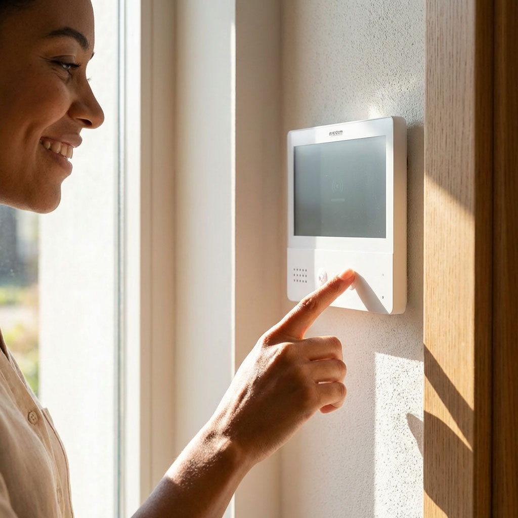 Video_intercom_vve_evercom Bewoner doet de deur open op video intercom monitor dm2 om bezoeker binnen te laten