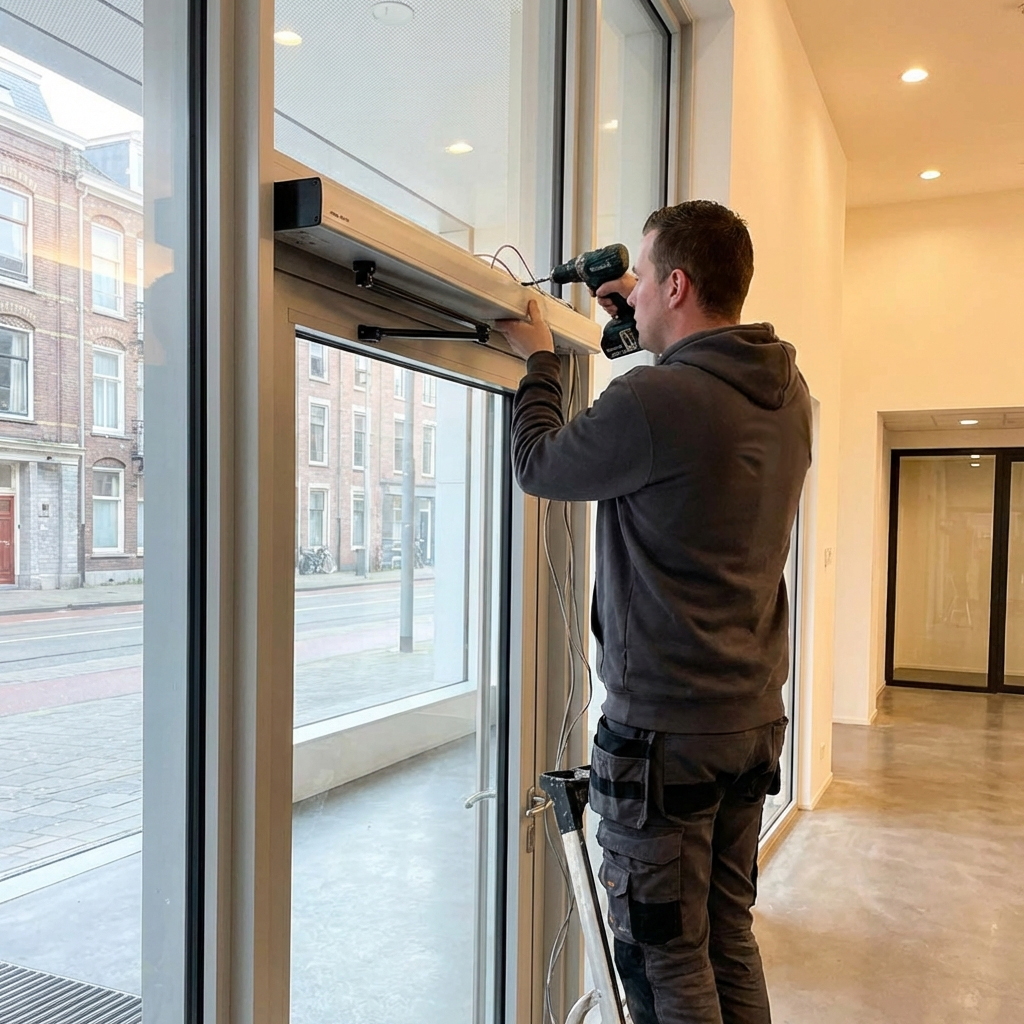 Een monteur installeert een automatische deurdranger boven een glazen toegangsdeur. Hij gebruikt een boormachine terwijl hij op een trapje staat in een modern gebouw met grote ramen die uitzicht geven op de straat.